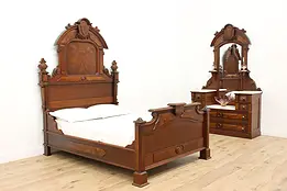 Victorian Antique Walnut Bedroom Set, Full Bed & Dresser #48618