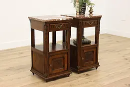 Pair of French Antique Carved Oak Nightstands, Marble Tops #48688