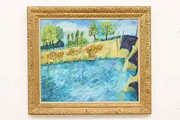 Bridge Over Lake Vintage Original Oil Painting Lane 31.5" #48455