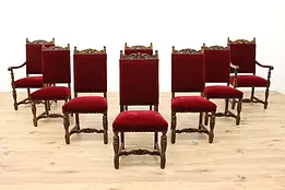 Set of 8 Tudor Design Antique Carved Dining Chairs, Velvet #49096