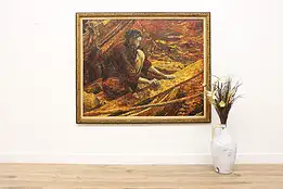 Repairing the Sampan Vintage Original Oil Painting Signed 67" #49132