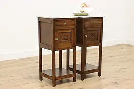 Pair of French Design Antique Carved Oak & Marble End Tables #48692