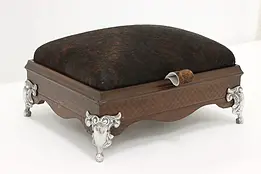 Traditional Vintage Walnut & Cow Hide Footstool w/ Storage #48452
