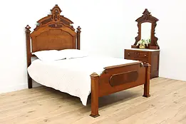 Victorian Carved Walnut 2 Pc Antique Bedroom Set, Queen Bed #48647