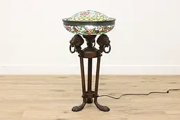 Neoclassical Vintage Stained Glass Floor Lamp, Lions & Roses #48350