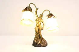 Art Nouveau Antique Graceful Woman Lamp, Painted Shades #48649