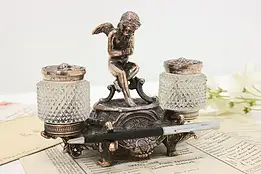 Victorian Antique Desktop Double Ink Well & Pen Holder Cupid #47668