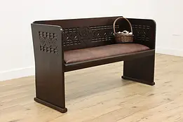 French Carved Oak Antique Hall Bench or Pew, Leather Seat #49123