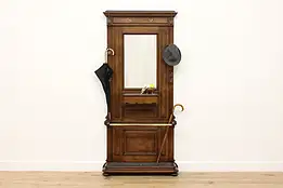 Carved Oak Antique Belgian Hall Stand with Mirror & Drawer #48685