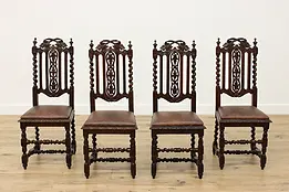Set of 4 Black Forest Antique Carved Oak Chairs, Leather #48677