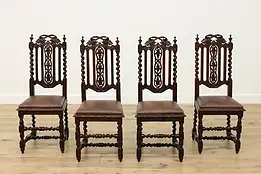 Set of 4 Black Forest Antique Carved Oak Chairs, Leather #48677