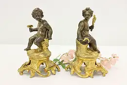 Pair of Antique French Cast Brass Cherub Sculptures #48046