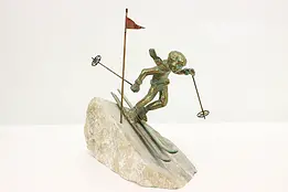 Patinated Brass Skier Vintage Sculpture on Rock Base #49235