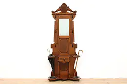 Victorian Antique Carved Walnut Hall Tree or Stand, Mirror #49325