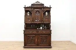 French Brittany Antique Backbar Sideboard, Carved Sculptures #48712