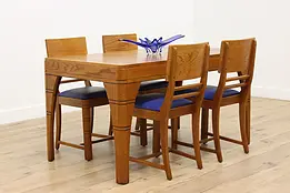Midcentury Modern Vintage Oak Dining Set, 4 Leather Chairs #49552