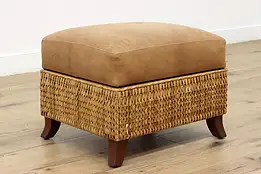 Sunroom Vintage Wicker & Leather Ottoman, Storage, Palecek #49714