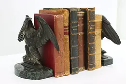 Pair of Antique Bronze Eagle Library Bookends, Marble Bases #49335