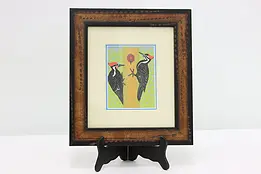 Three Woodpeckers in Tree Vintage Original Print 10.5" #49199