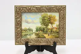 Fisherman & Dock Antique Original Oil Painting 9" #48596