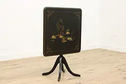 Black Lacquer Tilt Top Vintage Card Game Table, Pagoda #49890