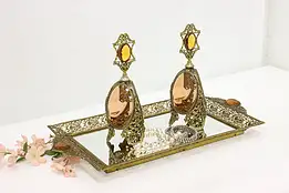 Victorian Vintage Brass Tray & Perfume Bottle Set Amber Gems #48600