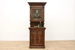 Renaissance Antique Carved Oak Bar Cabinet, Stained Glass #49896