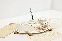 Italian Vintage Desktop Double Inkwell, Painted Flowers, C.A #47666