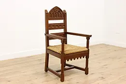 Gothic Design Vintage Carved Oak Chair, Rush Seat, Arches #49936