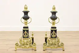 Pair of Vintage Brass & Marble Fireplace Andirons, Dragons #48943