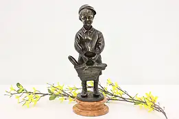 Boy & Basket Antique Bronze Sculpture on Marble, Farbel #49426