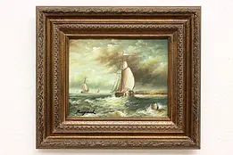 Fleet of Ships Antique Original Oil Painting Raymond 16" #49510