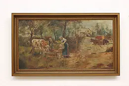Farmyard Cows Antique Original Oil Painting, Korn 33.5" #49759