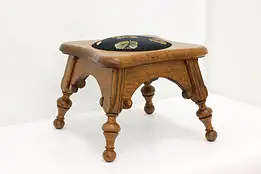 Victorian Antique Carved Oak Footstool w/ New Upholstery #49502