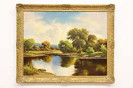 Fishing at Sunrise Vintage Original Oil Painting Wilson 42" #49817