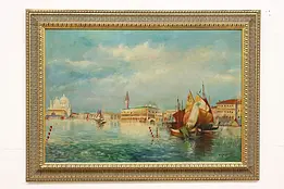 Venice Waterways Vintage Original Oil Painting, Signed 38" #49815