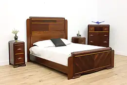 Art Deco Waterfall Vintage 4 pc Walnut Bedroom Set Queen Bed #49955