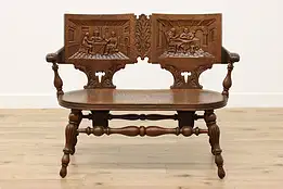 Renaissance Design Antique Hall or Porch Bench Carved Scenes #49764