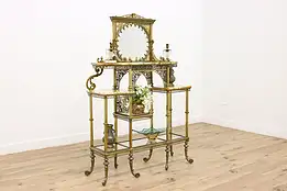 Victorian Brass & Onyx Antique Etagere, Curio, Glass Shelves #47186