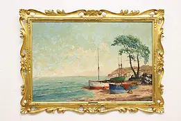 Sailboats on Shore Vintage Original Oil Painting, Hayes 43" #50181