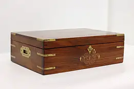 Mahogany & Brass Vintage Jewelry or Keepsake Box, Flowers #49863