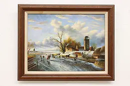 Villagers Skating on Ice Antique Original Oil Painting 19.5" #49397