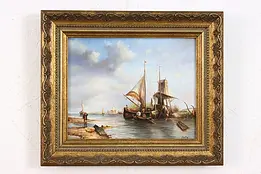 Boats on Shore Antique Original Oil Painting, Signed 13.5" #49511
