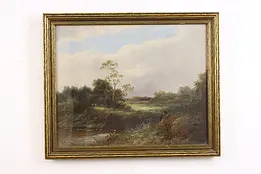 Riverbank Fishing Antique Original Oil Painting, Perry 23" #49425