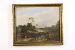 Riverbank Fishing Antique Original Oil Painting, Perry 23" #49425