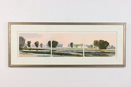 River Landscape Vintage Watercolor Triptych, Signed 45.5" #49981