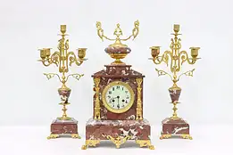 French Antique 3 Pc Marble & Gold Mantel Clock Set, Japy #37733