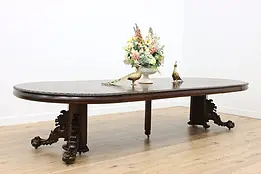 Victorian Antique Carved Oak Dining Table Opens 12.5' Crosby #49603