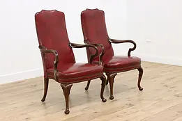 Pair of Georgian Vintage Red Leather Office Chairs, Hickory #46573