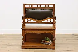 Victorian Antique Carved Oak & Leather Hall or Bedroom Bench #50563